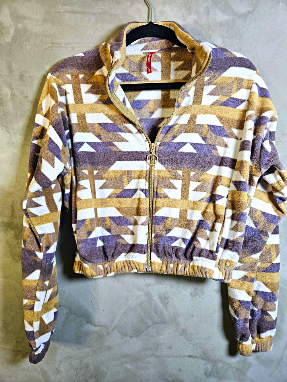 UNIONBAY Women's Cropped Full Zip Fleece Hoodie Aztec Geometric Brown/White S